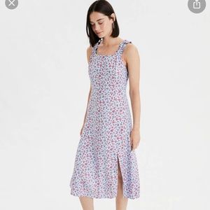 AE floral ruffle strap midis dress split xs